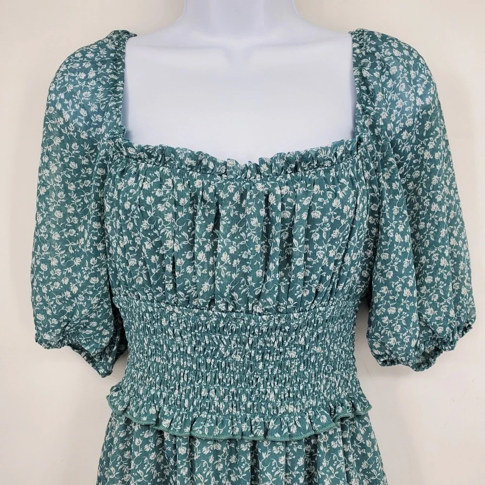Trixxi Teal Floral Puff Sleeve Mini Dress
